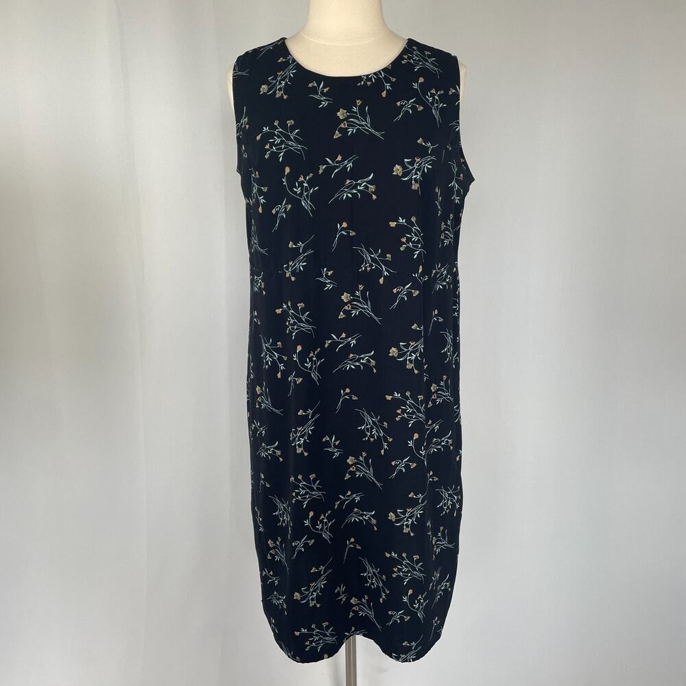 Vtg 90s Midi Dress Plus Size 2X Navy Blue Ditsy Floral Sleevelss Column Fairy
